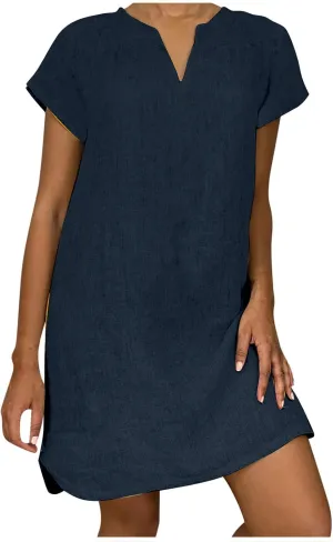 Ceboyel Women Cotton Linen Short Dress Summer Shirt Dress V Neck Short Sleeve Beach Dresses Boho Ladies Clothing 2023