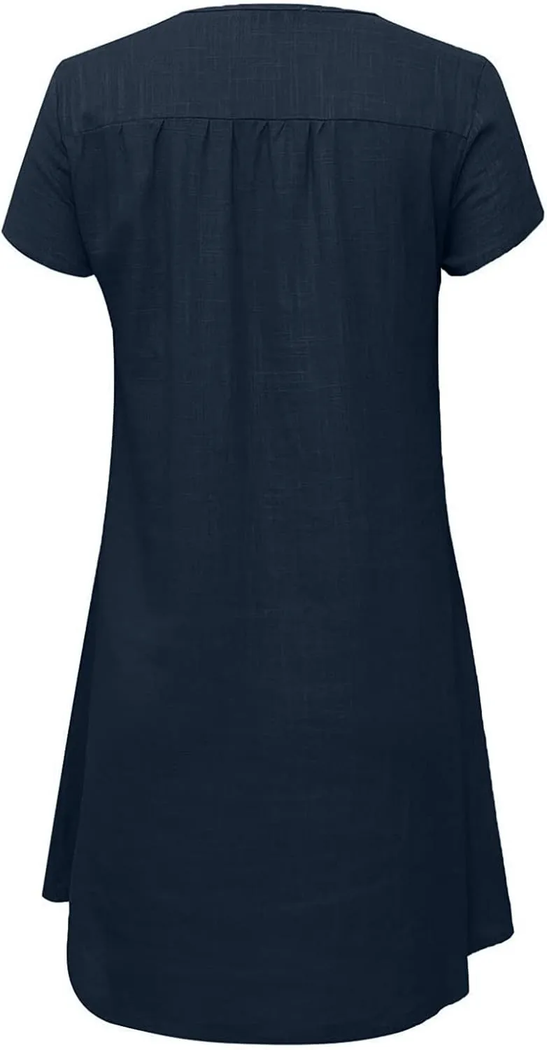 Ceboyel Women Cotton Linen Short Dress Summer Shirt Dress V Neck Short Sleeve Beach Dresses Boho Ladies Clothing 2023