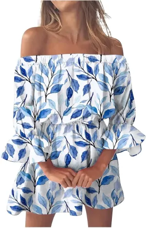 Ceboyel Women Off Shoulder Hawaiian Sundress Boho Ruffle Dresses Swing Beach Dress Sexy Casual Tropical Vacation Clothes