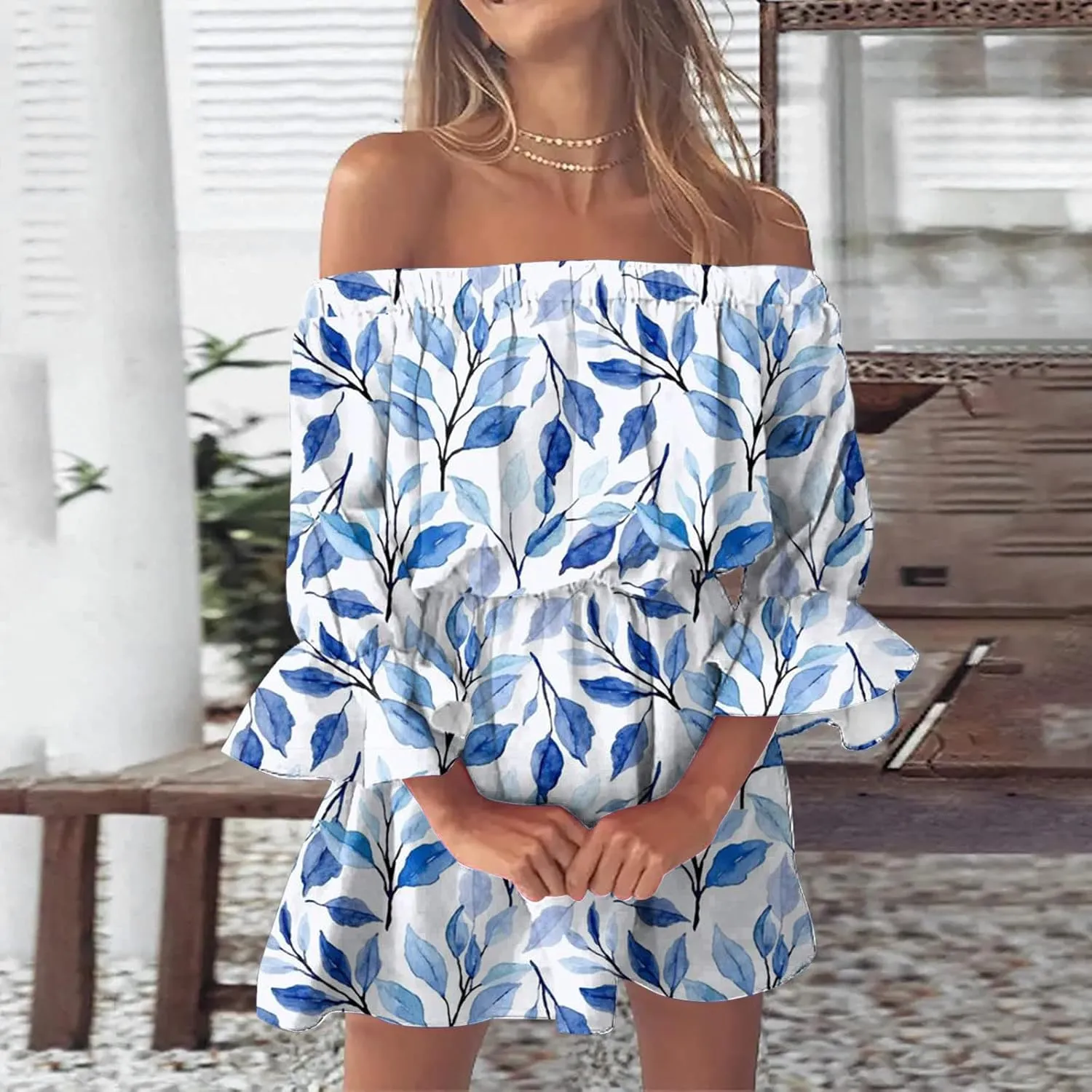 Ceboyel Women Off Shoulder Hawaiian Sundress Boho Ruffle Dresses Swing Beach Dress Sexy Casual Tropical Vacation Clothes
