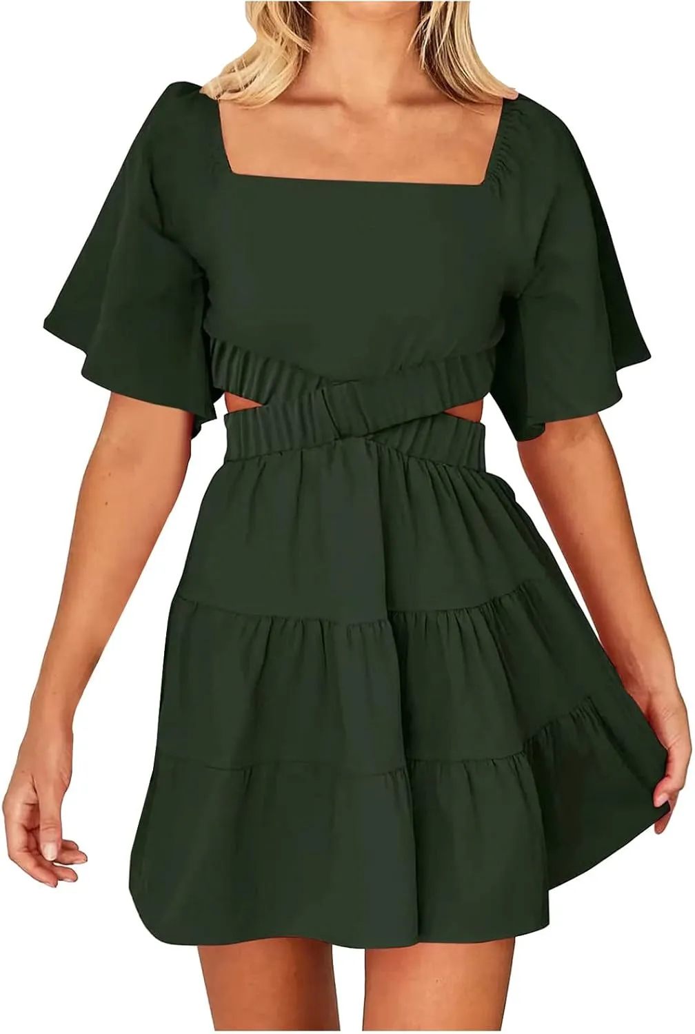 Ceboyel Women Square Neck Short Dress Cutout Tiered Summer Dresses Ruffle Casual Cute Mini Dress Vacation Outfits 2023