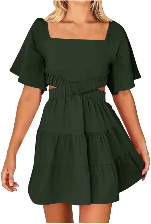 Ceboyel Women Square Neck Short Dress Cutout Tiered Summer Dresses Ruffle Casual Cute Mini Dress Vacation Outfits 2023