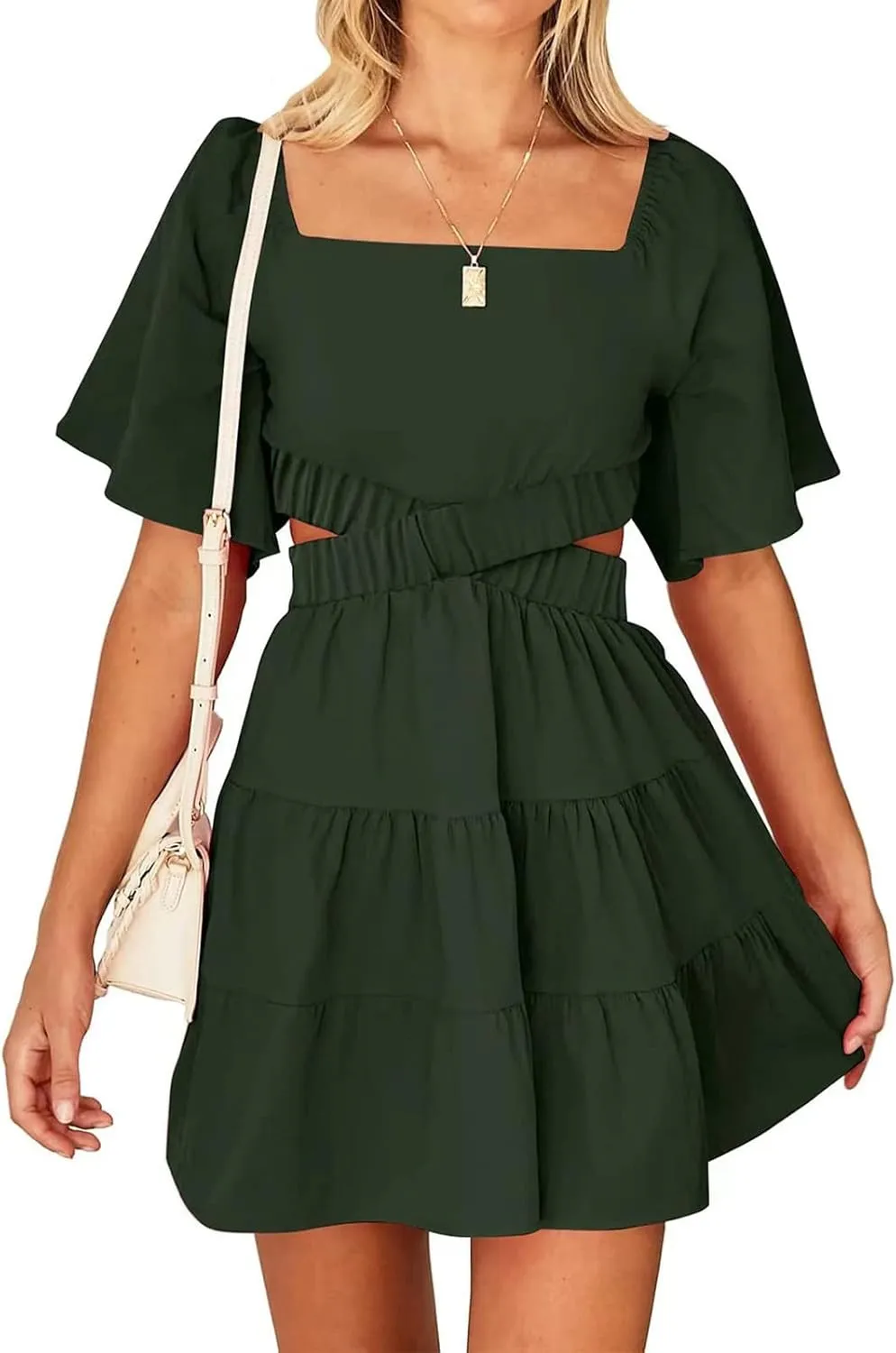 Ceboyel Women Square Neck Short Dress Cutout Tiered Summer Dresses Ruffle Casual Cute Mini Dress Vacation Outfits 2023