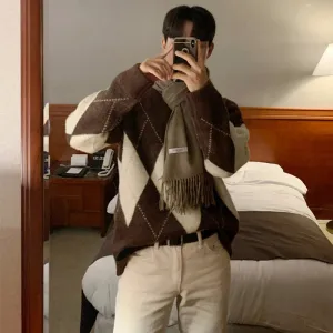 ChicMy-Fall Outfits -Men's Outfits Autumn Men's Casual Knitted O Neck Pullover Sweater Light Luxury Korean Patchwork Leisure Long Sleeve Tops Autumn Clothing