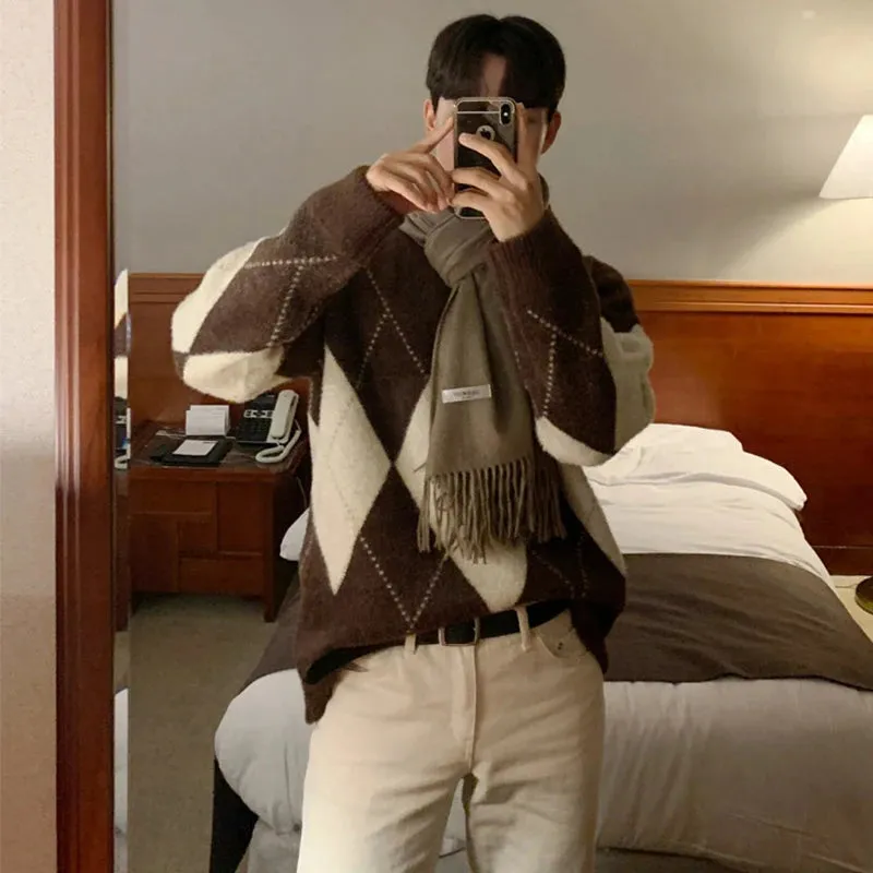 ChicMy-Fall Outfits -Men's Outfits Autumn Men's Casual Knitted O Neck Pullover Sweater Light Luxury Korean Patchwork Leisure Long Sleeve Tops Autumn Clothing