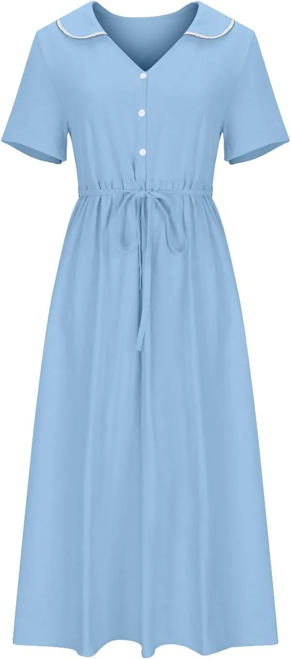 Cotton Linen Dress for Women Plus Size 3/4 Sleeve Lace Up Waist Button Dresses Summer Trendy Plus Size A-Line Dress