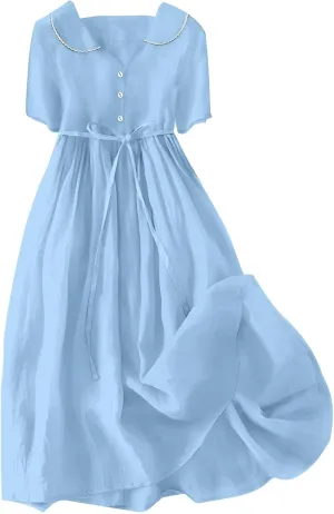 Cotton Linen Dress for Women Plus Size 3/4 Sleeve Lace Up Waist Button Dresses Summer Trendy Plus Size A-Line Dress