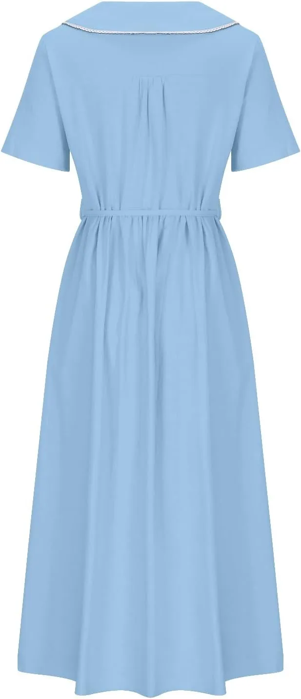 Cotton Linen Dress for Women Plus Size 3/4 Sleeve Lace Up Waist Button Dresses Summer Trendy Plus Size A-Line Dress