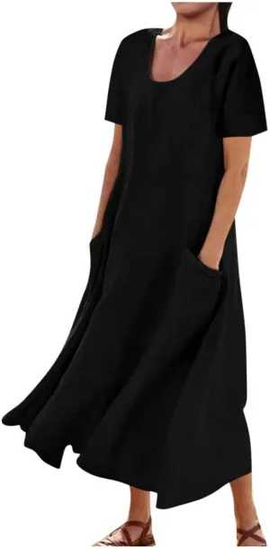 Cotton Linen Dresses for Women 2024 Trendy Casual Summer Dress Short Sleeve Flowy Maxi Dresses Boho Vacation Clothing