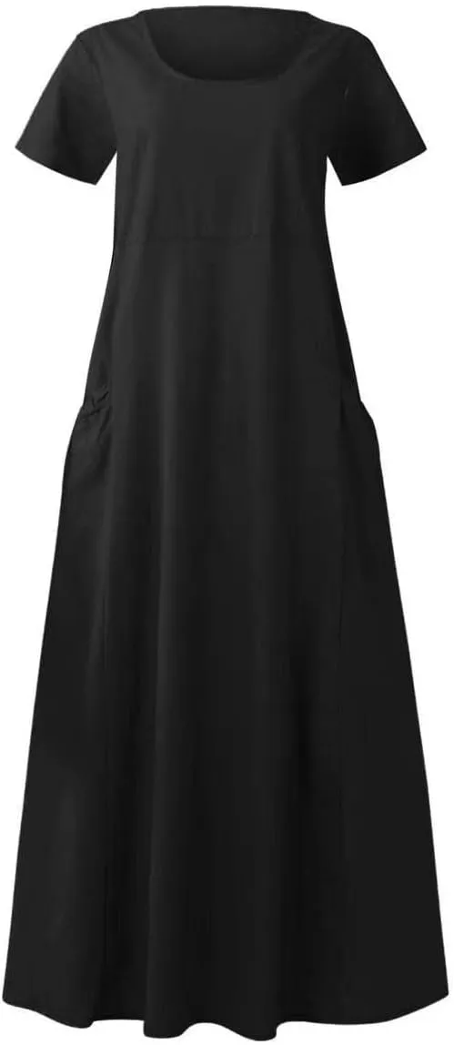 Cotton Linen Dresses for Women 2024 Trendy Casual Summer Dress Short Sleeve Flowy Maxi Dresses Boho Vacation Clothing