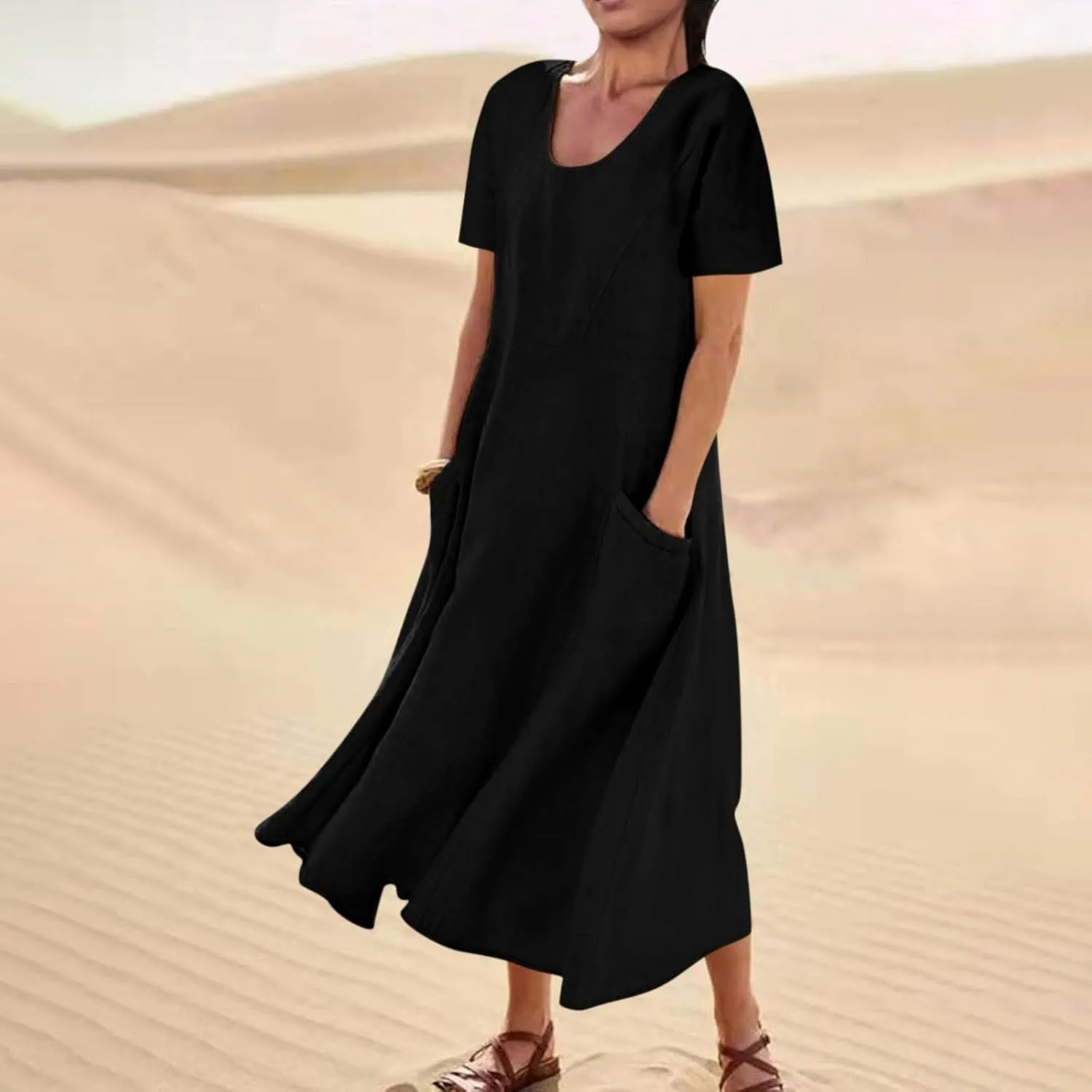 Cotton Linen Dresses for Women 2024 Trendy Casual Summer Dress Short Sleeve Flowy Maxi Dresses Boho Vacation Clothing