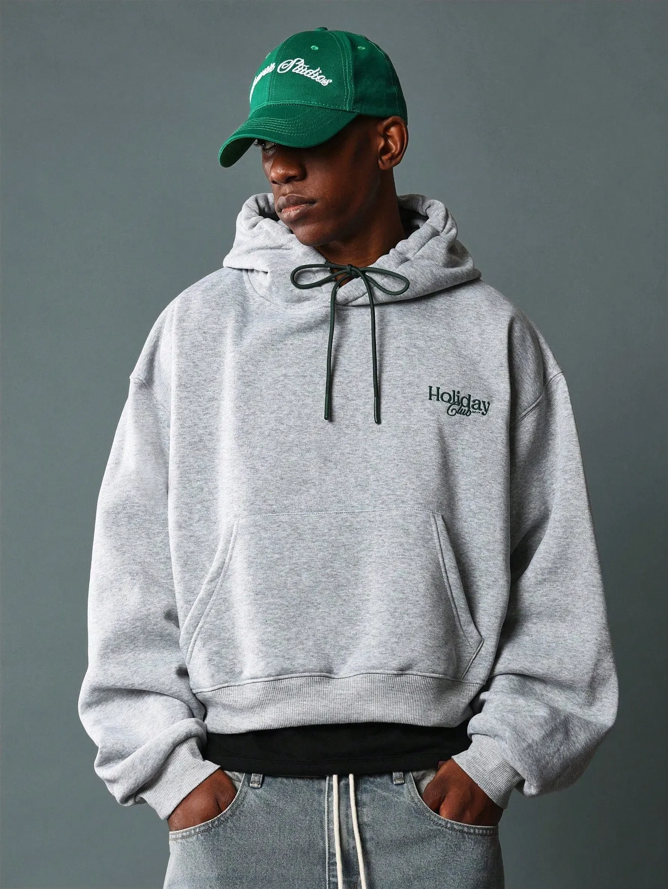Crop Fit Overhead Hoodie With Small Embroidery Pattern & Drawcords