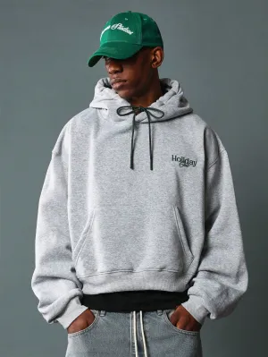 Crop Fit Overhead Hoodie With Small Embroidery Pattern & Drawcords