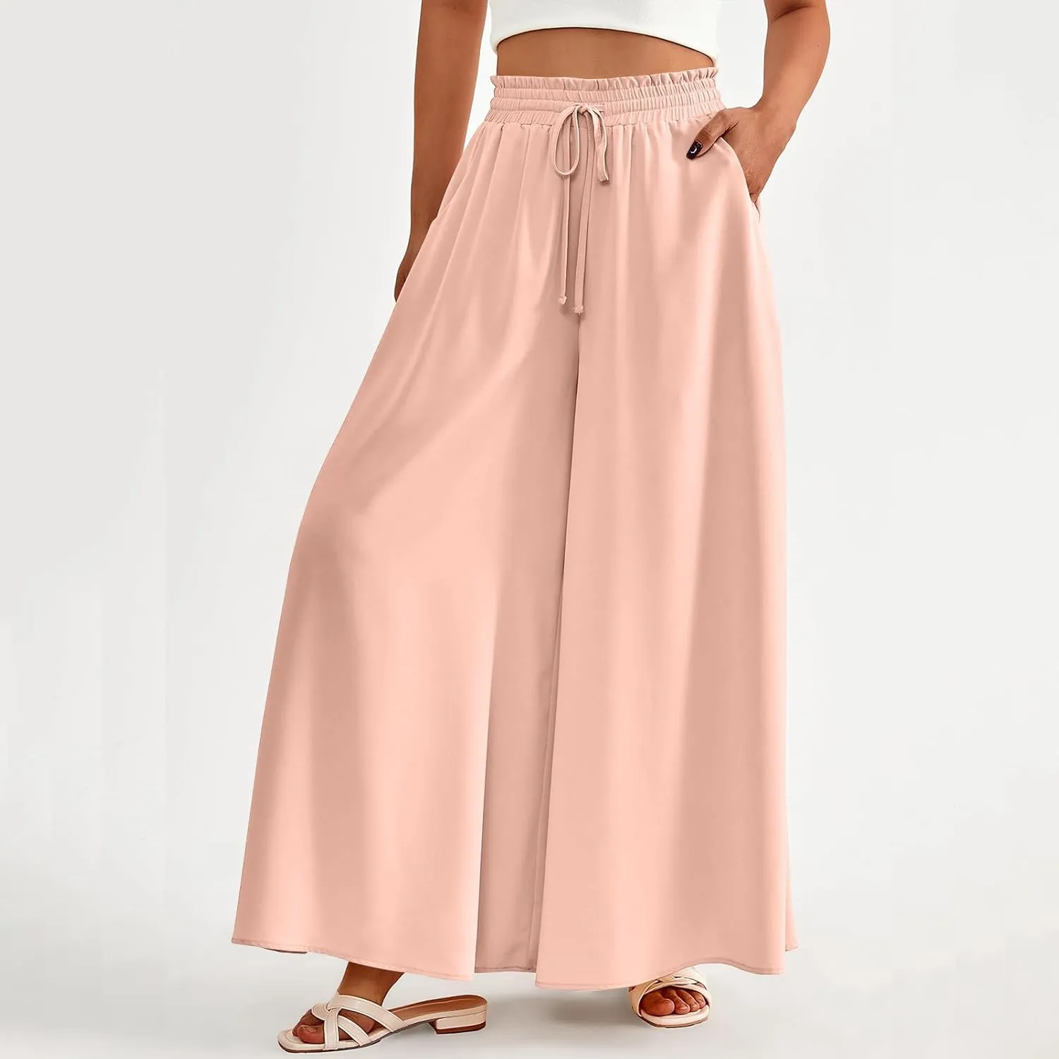 Culottes for Women Casual High Waist Wide Leg Pants Summer Floral Palazzo Pants Lounge Beach Trousers with Pocket