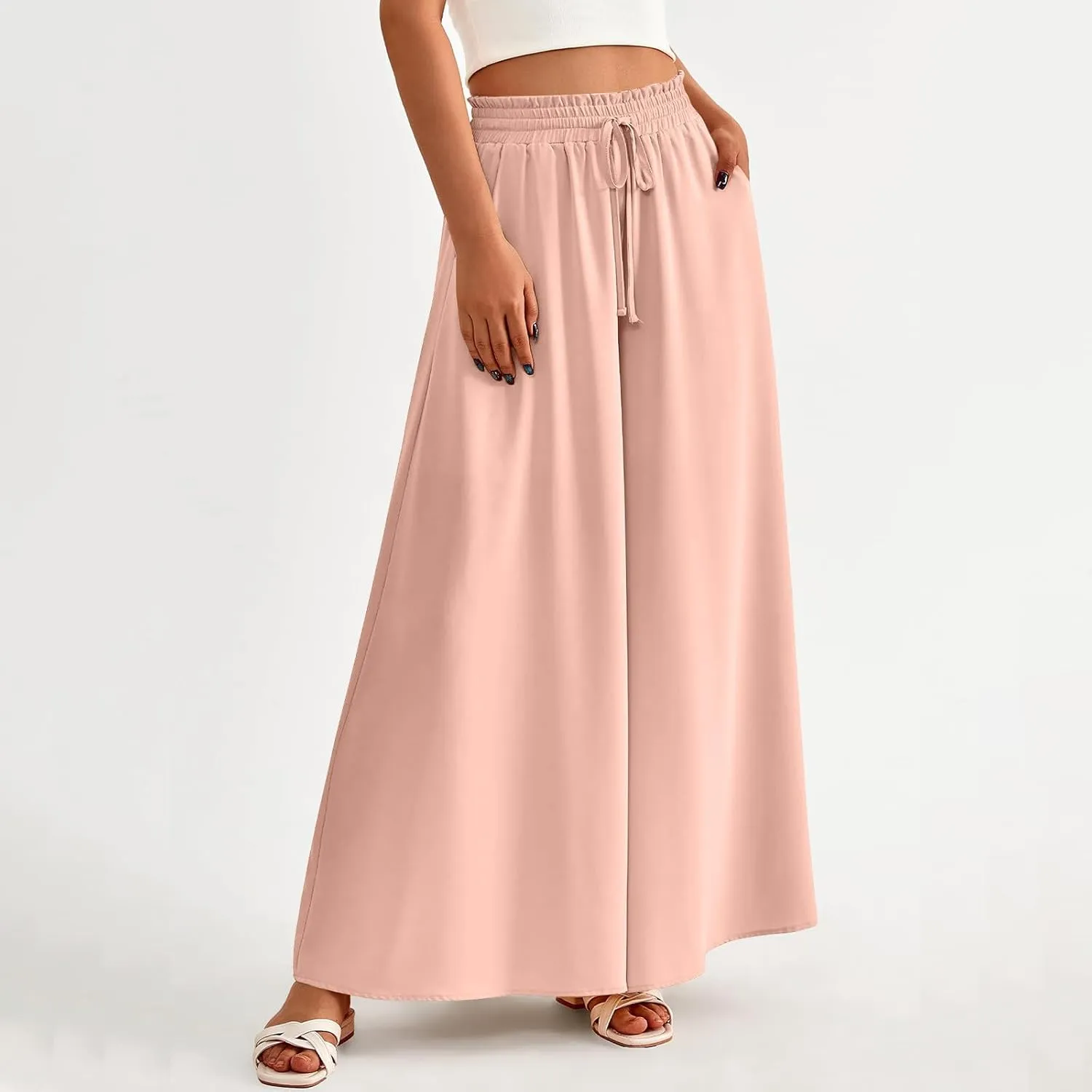 Culottes for Women Casual High Waist Wide Leg Pants Summer Floral Palazzo Pants Lounge Beach Trousers with Pocket