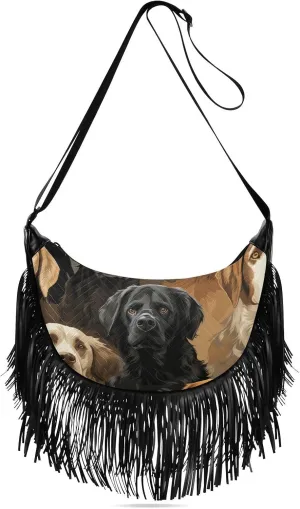 Dogs-pattern Women Tassel Fringe Shoulder bag, Fringe Purse Crossbody, Women Tassel Hobo Bag with Zipper