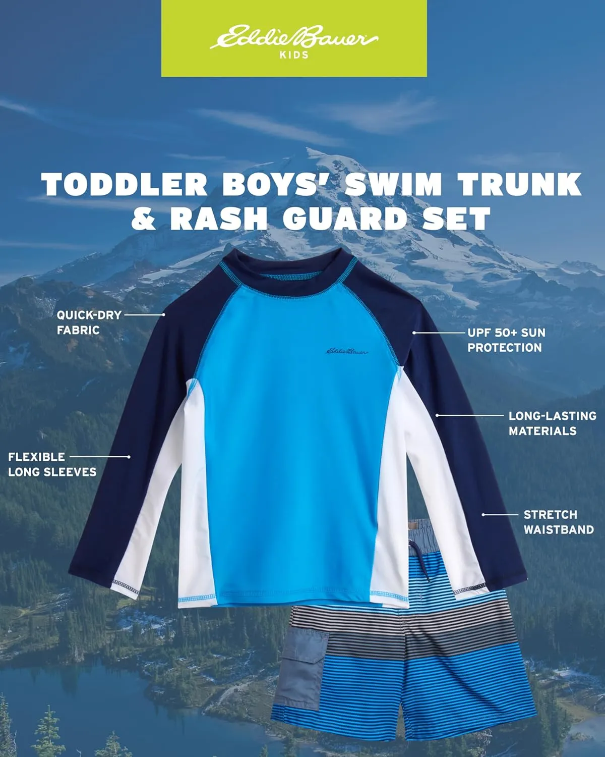 Eddie Bauer Toddler Boys' Rash Guard Set - 2 Piece UPF 50  Quick Dry Swim Shirt and Trunks - Baby Boy Swimsuit (Sizes: 2T-4T)