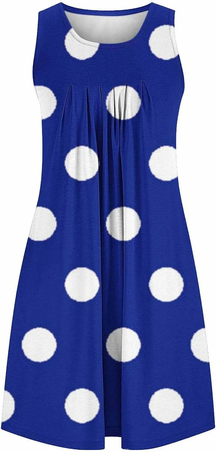 Flowy Dresses for Women Summer Casual Sleeveless Polka Dots Sundress Ruched Beach Vacation Tank Dress with Pockets