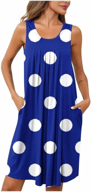 Flowy Dresses for Women Summer Casual Sleeveless Polka Dots Sundress Ruched Beach Vacation Tank Dress with Pockets