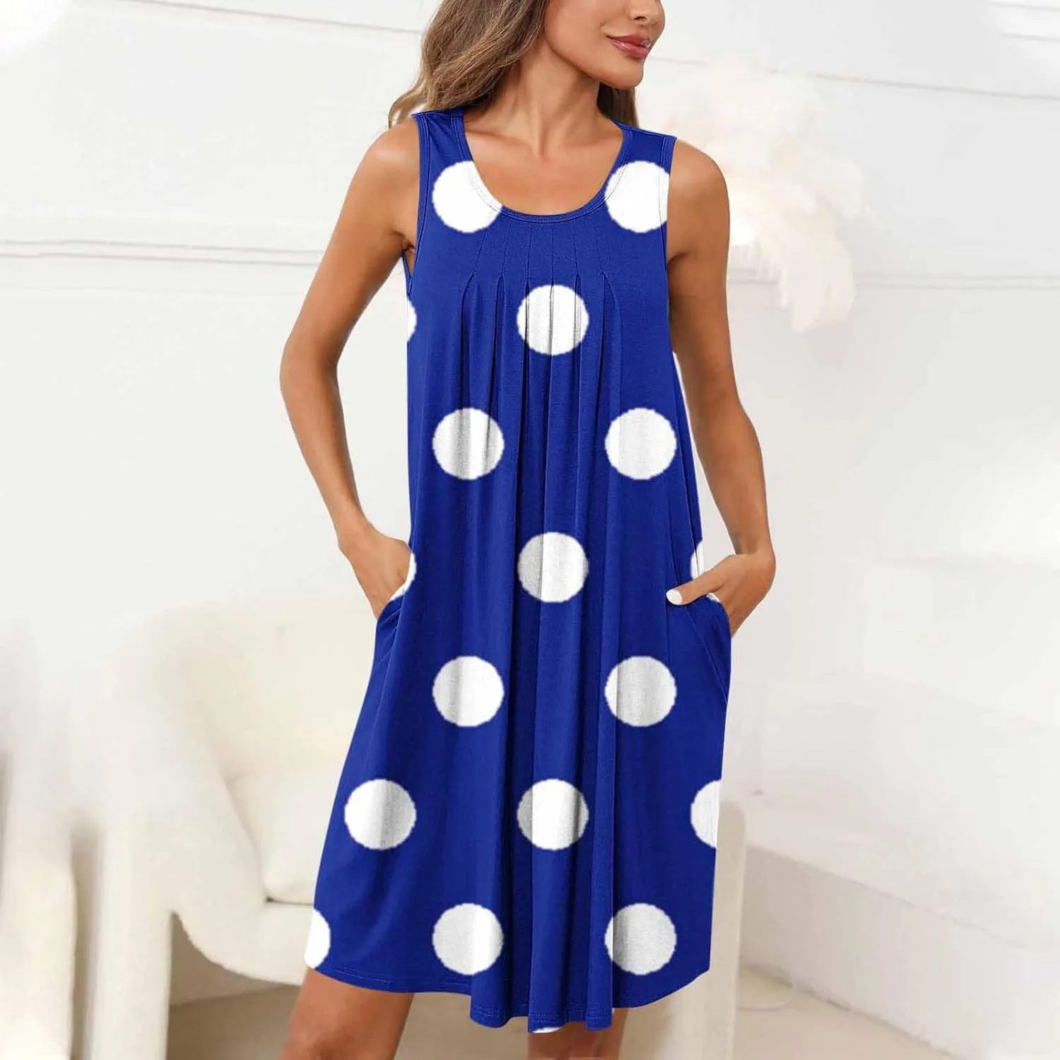 Flowy Dresses for Women Summer Casual Sleeveless Polka Dots Sundress Ruched Beach Vacation Tank Dress with Pockets