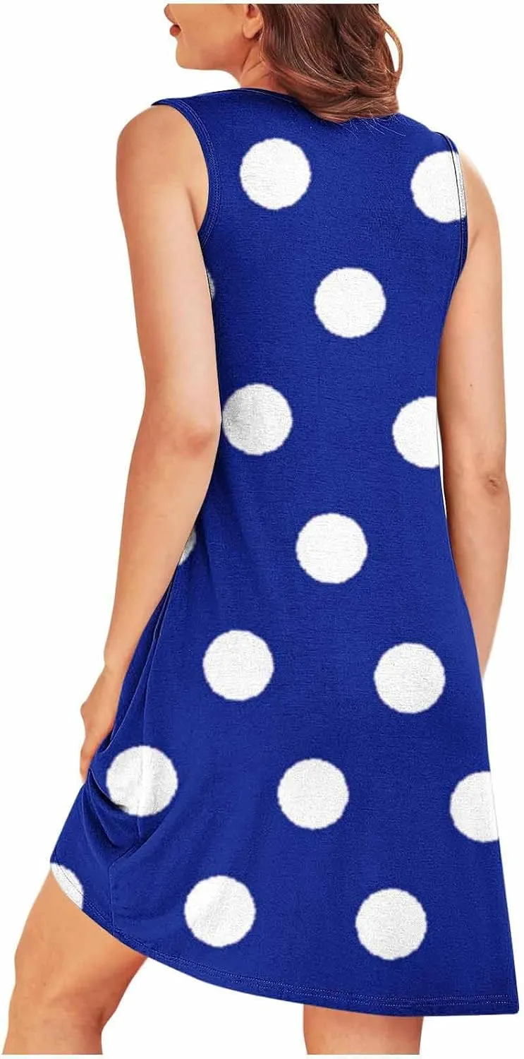 Flowy Dresses for Women Summer Casual Sleeveless Polka Dots Sundress Ruched Beach Vacation Tank Dress with Pockets
