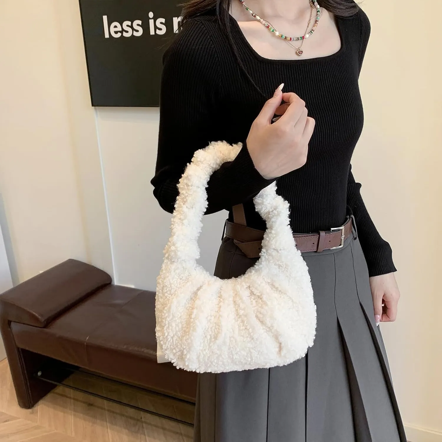 Fluffy Tote Bag, Fuzzy Purses for Women Faux Fur Bag Lambswool Y2k Purse Furry Bag