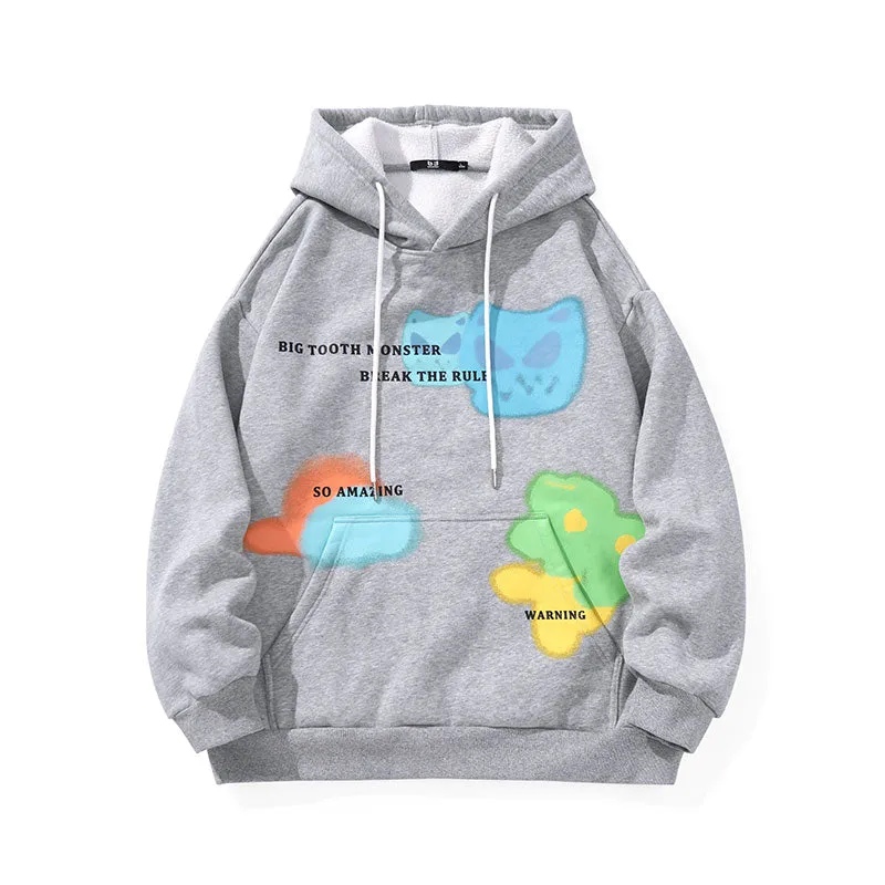 Fun spray paint graffiti print hoodie with rotator cuff kangaroo hood and fleece hoodie