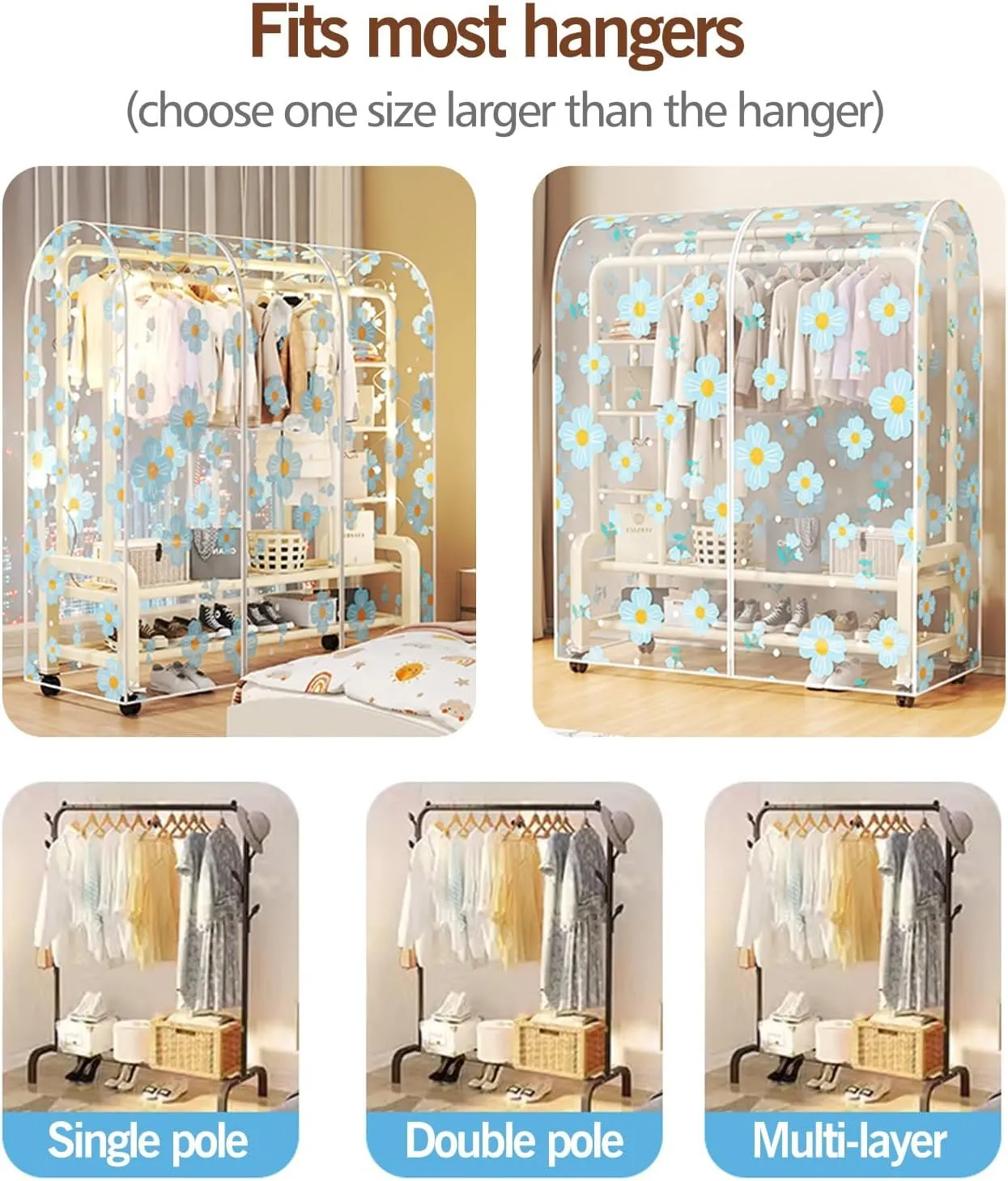 Garment Rack Cover Dustproof Clothes Rack Cover, Clear Garment Bags for Hanging Clothes with Zipper, Printed Clothes(Red,110x50x150cm)