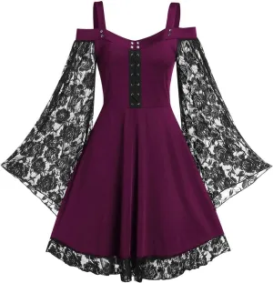 Gothic Vintage Lace Patchwork Dress For Women Plus Size Goth Bandage Ladies Spaghetti Strap Cute Aline Medieval Dresses 2023