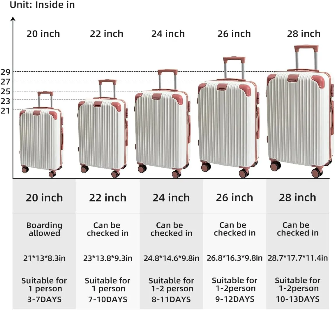 Hardside Luggage Suitcase PC ABS with TSA Lock 4 Double 360 Universal Spinner Suitcase Carry on Hardshell Lightweight With Elastic Hookwhite-28inch