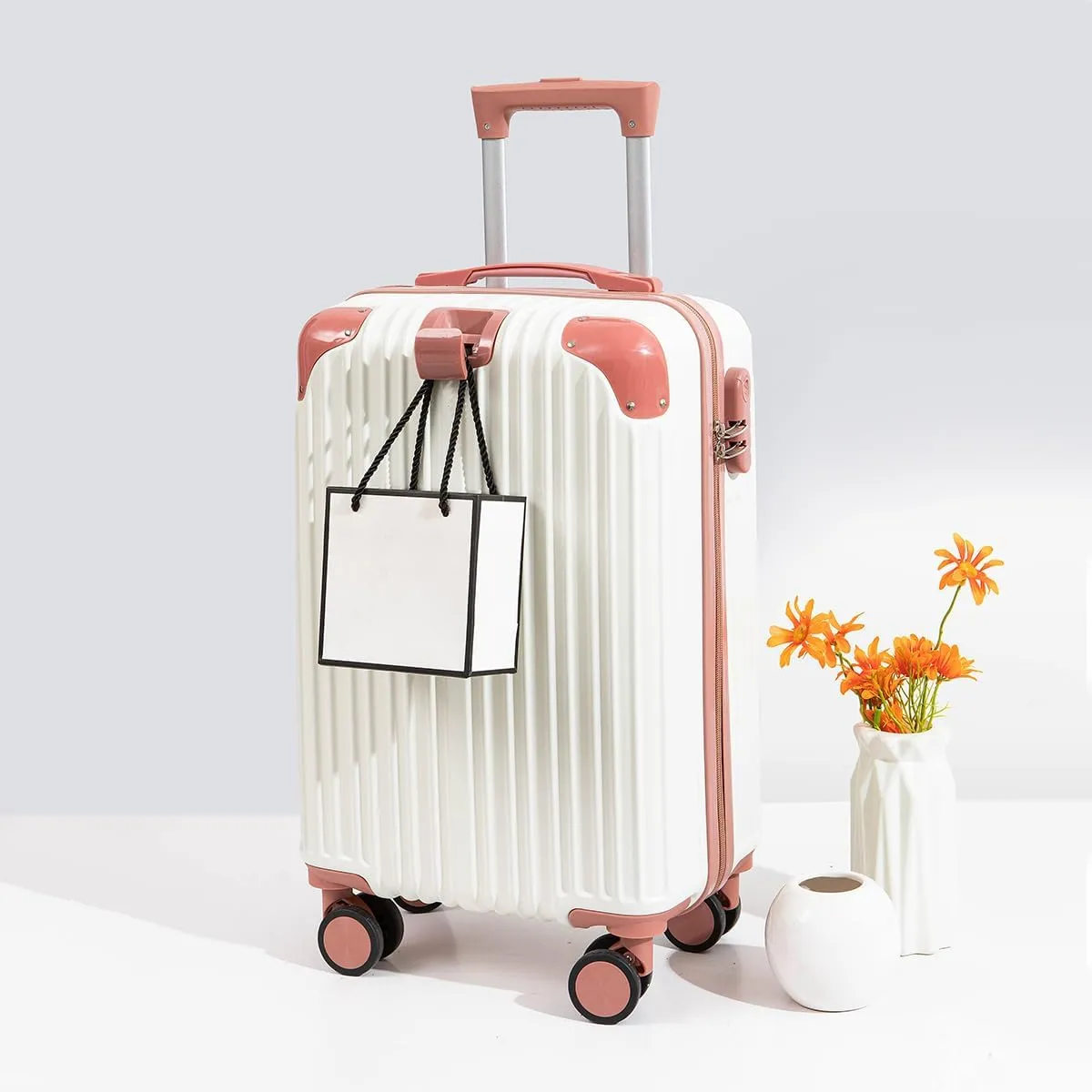 Hardside Luggage Suitcase PC ABS with TSA Lock 4 Double 360 Universal Spinner Suitcase Carry on Hardshell Lightweight With Elastic Hookwhite-28inch