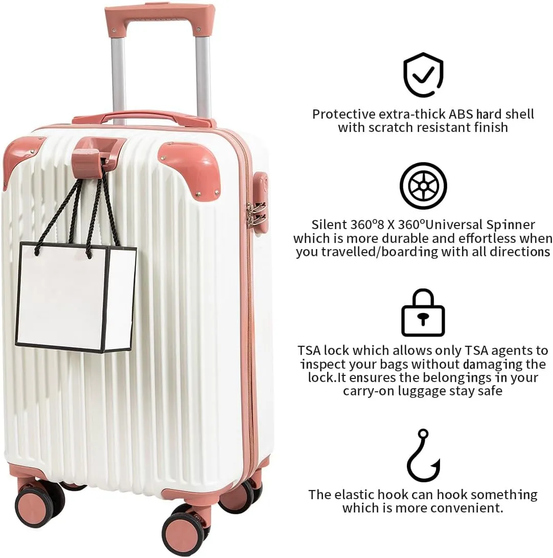 Hardside Luggage Suitcase PC ABS with TSA Lock 4 Double 360 Universal Spinner Suitcase Carry on Hardshell Lightweight With Elastic Hookwhite-28inch