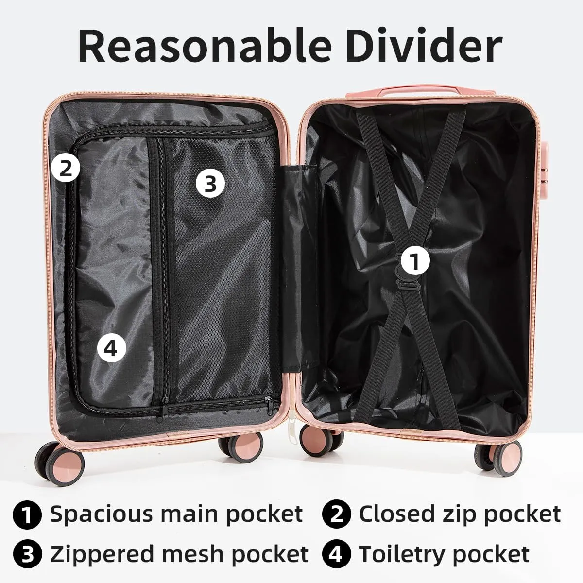 Hardside Luggage Suitcase PC ABS with TSA Lock 4 Double 360 Universal Spinner Suitcase Carry on Hardshell Lightweight With Elastic Hookwhite-28inch