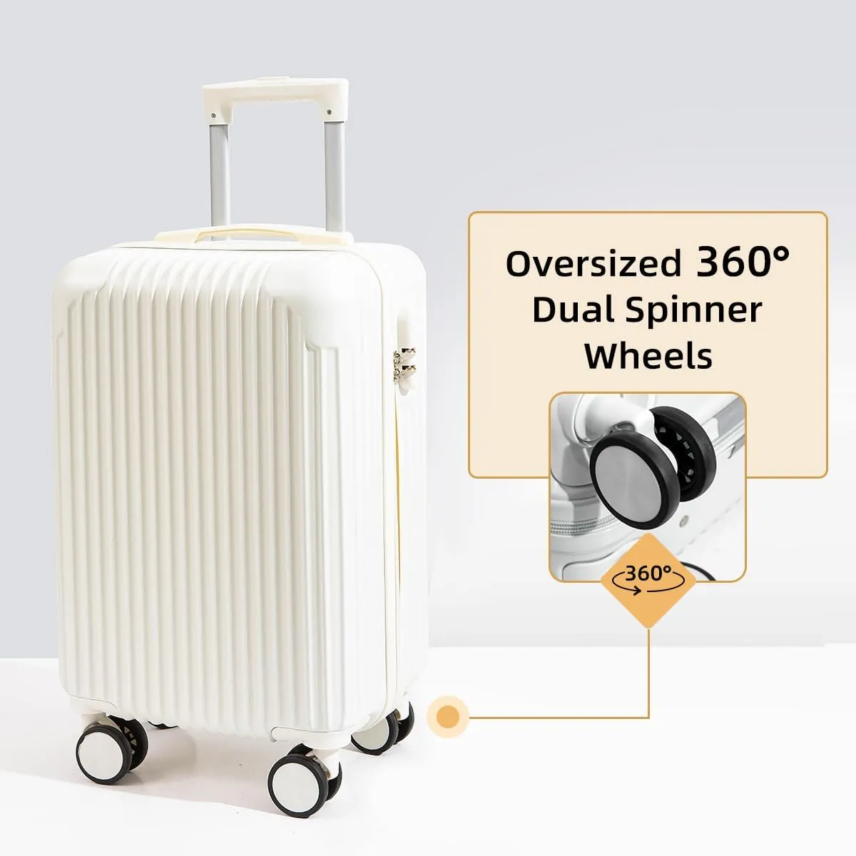 Hardside Luggage Suitcase PC ABS with TSA Lock 4 Double 360Universal Spinner Suitcase Carry on Hardshell Lightweight, White-24inch