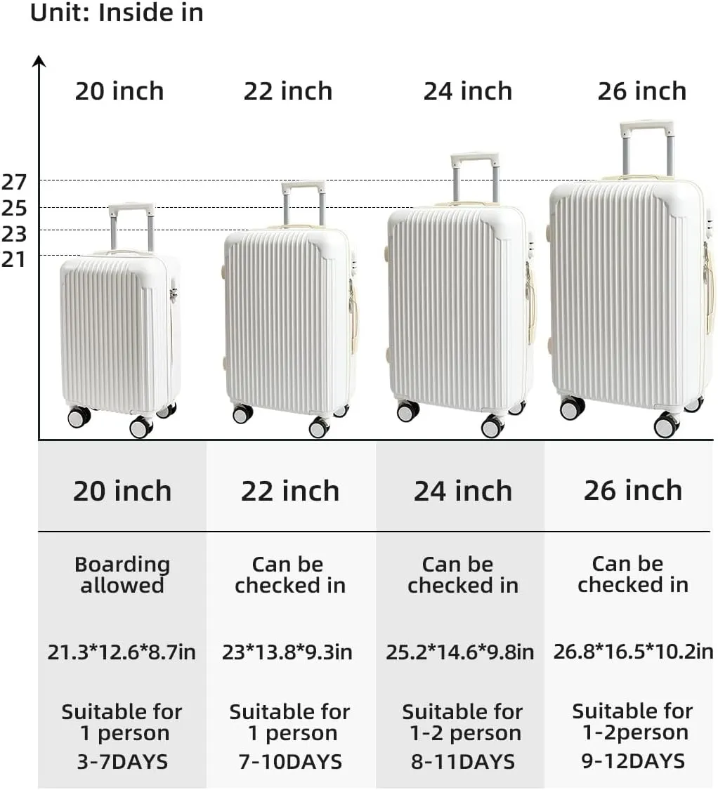 Hardside Luggage Suitcase PC ABS with TSA Lock 4 Double 360Universal Spinner Suitcase Carry on Hardshell Lightweight, White-24inch