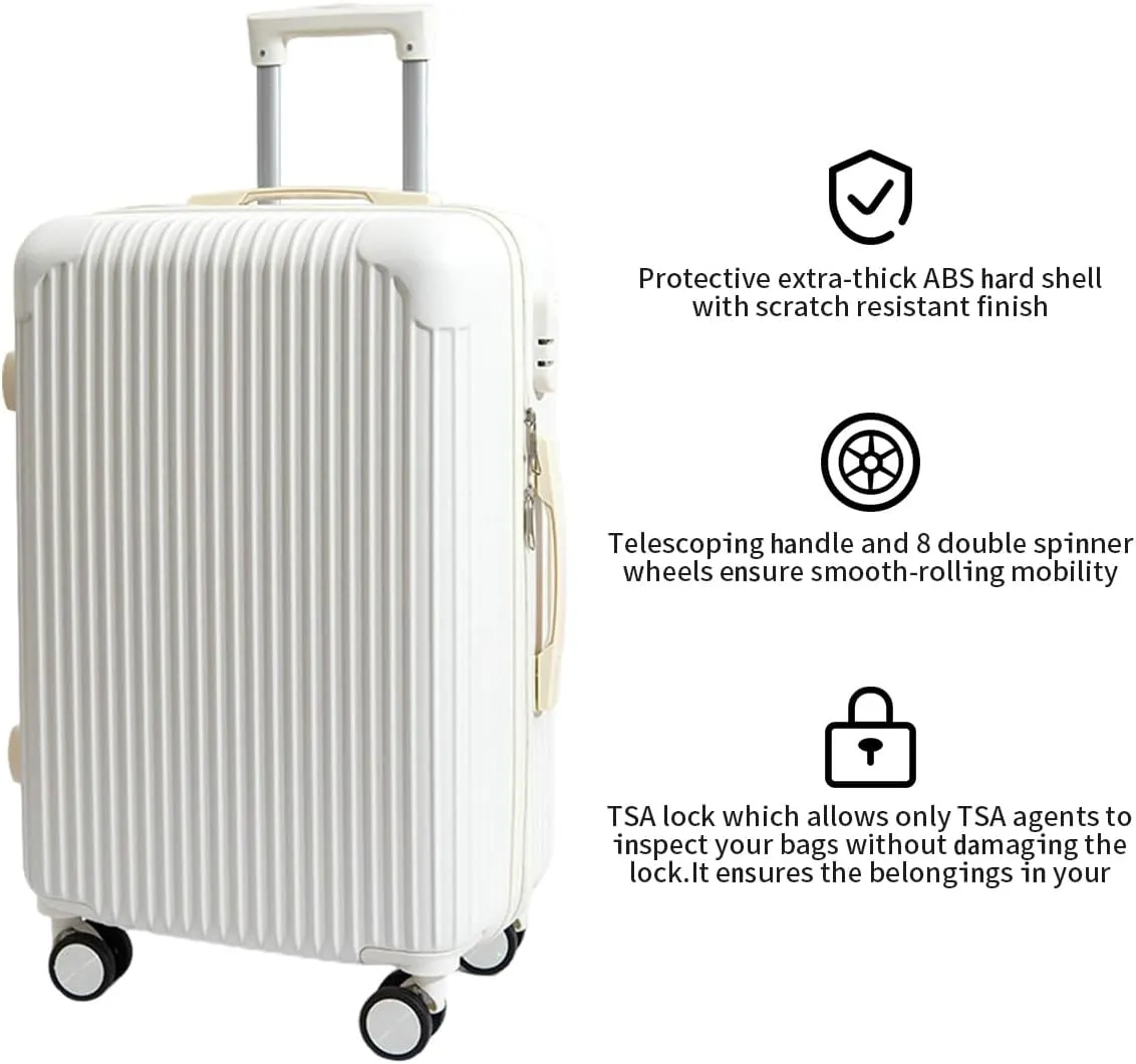 Hardside Luggage Suitcase PC ABS with TSA Lock 4 Double 360Universal Spinner Suitcase Carry on Hardshell Lightweight, White-24inch