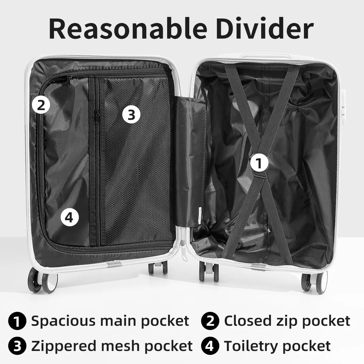Hardside Luggage Suitcase PC ABS with TSA Lock 4 Double 360Universal Spinner Suitcase Carry on Hardshell Lightweight, White-24inch