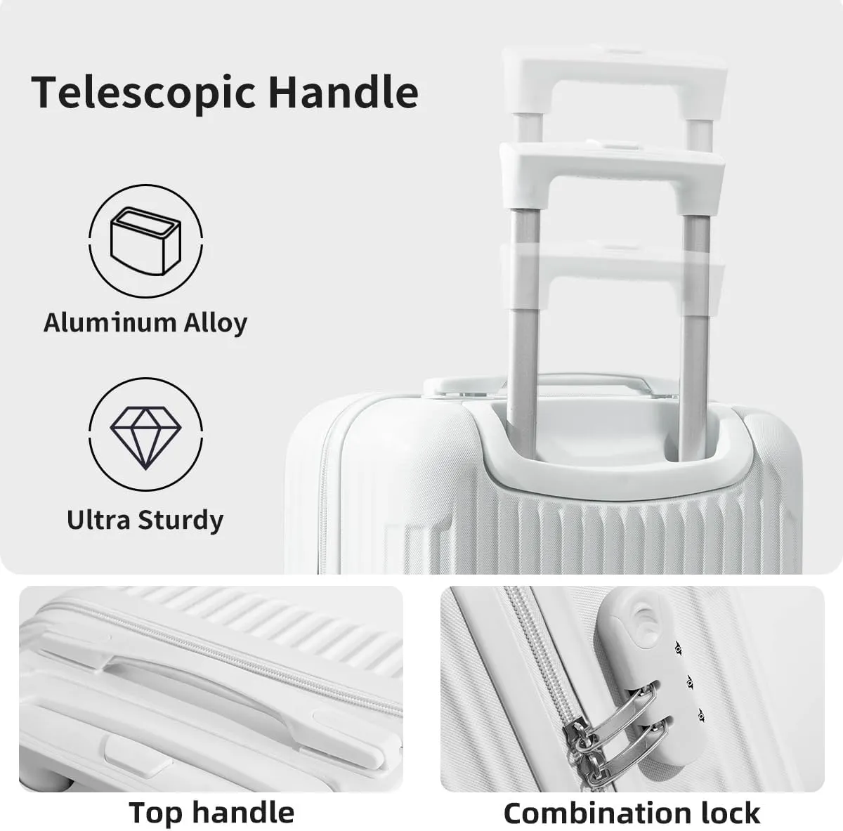 Hardside Luggage Suitcase PC ABS with TSA Lock 4 Double 360Universal Spinner Suitcase Carry on Hardshell Lightweight, White-24inch