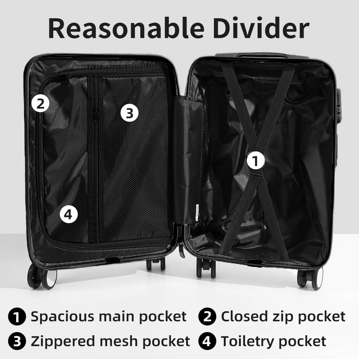 Hardside Luggage Suitcase PC ABS with TSA Lock 4 Double 360Universal Spinner Suitcase Carry on Hardshell Lightweight,Black-24inch