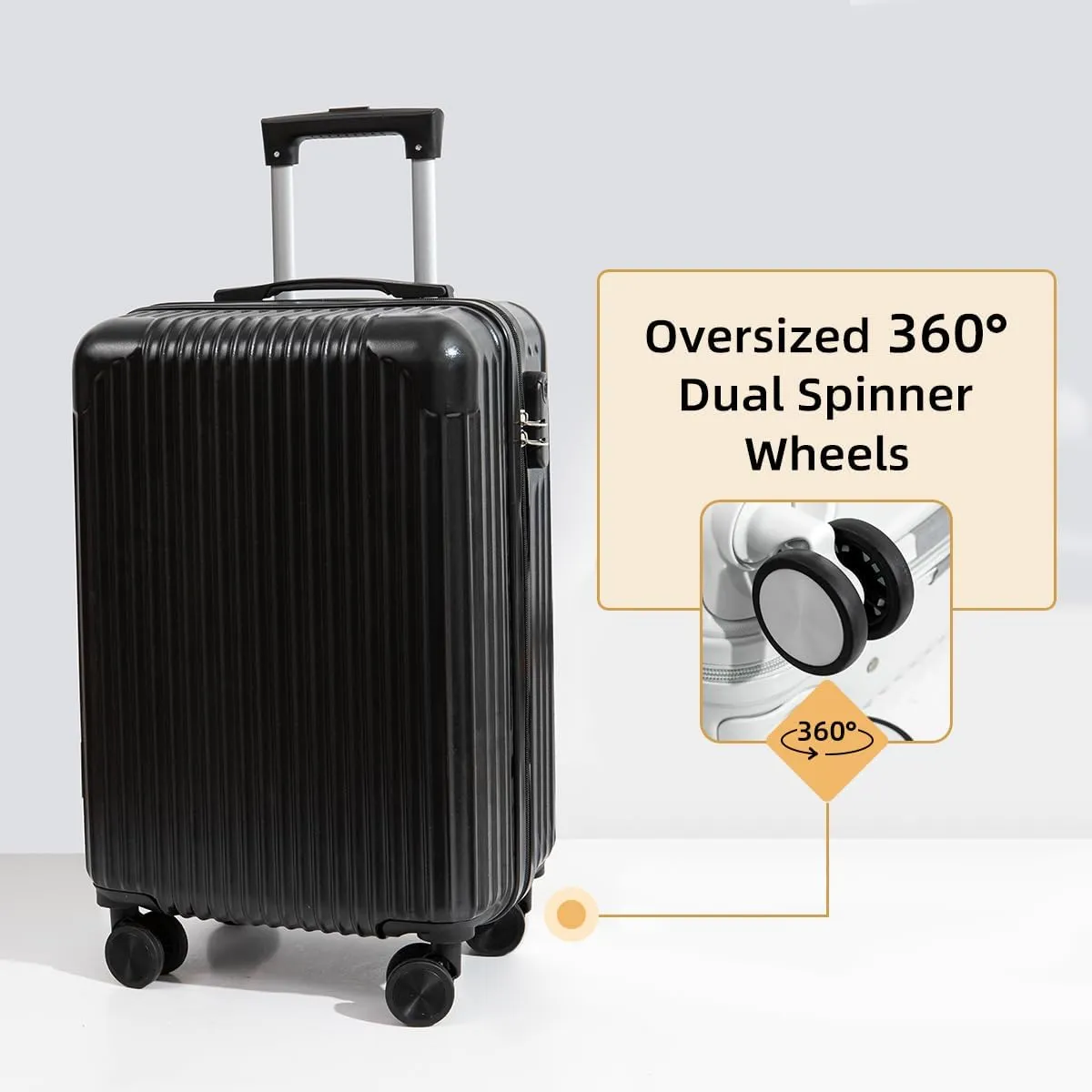 Hardside Luggage Suitcase PC ABS with TSA Lock 4 Double 360Universal Spinner Suitcase Carry on Hardshell Lightweight,Black-24inch