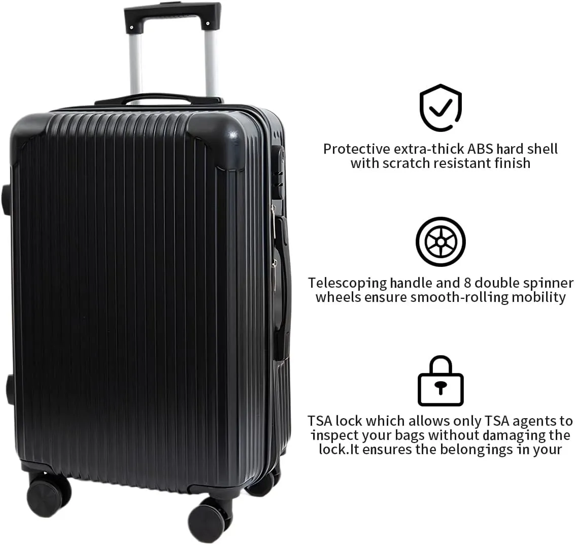 Hardside Luggage Suitcase PC ABS with TSA Lock 4 Double 360Universal Spinner Suitcase Carry on Hardshell Lightweight,Black-24inch