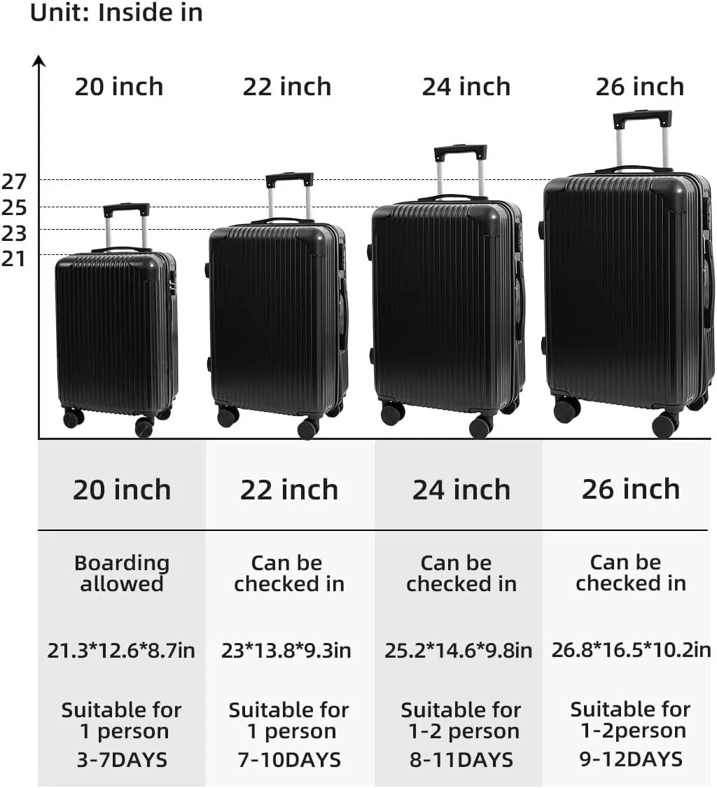 Hardside Luggage Suitcase PC ABS with TSA Lock 4 Double 360Universal Spinner Suitcase Carry on Hardshell Lightweight,Black-24inch
