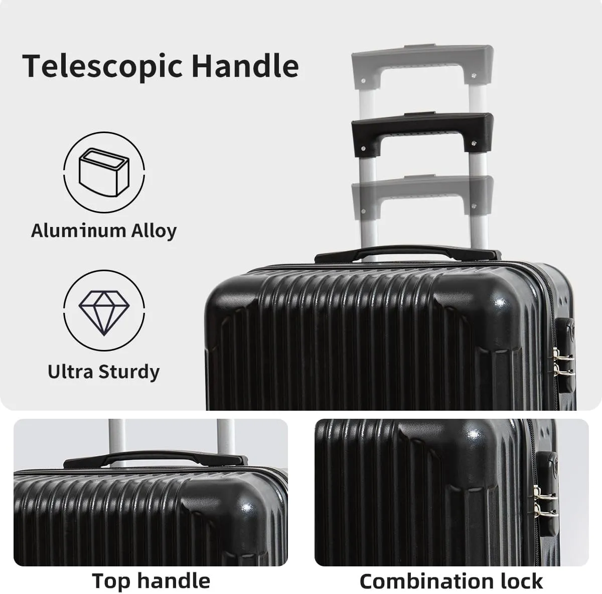 Hardside Luggage Suitcase PC ABS with TSA Lock 4 Double 360Universal Spinner Suitcase Carry on Hardshell Lightweight,Black-24inch