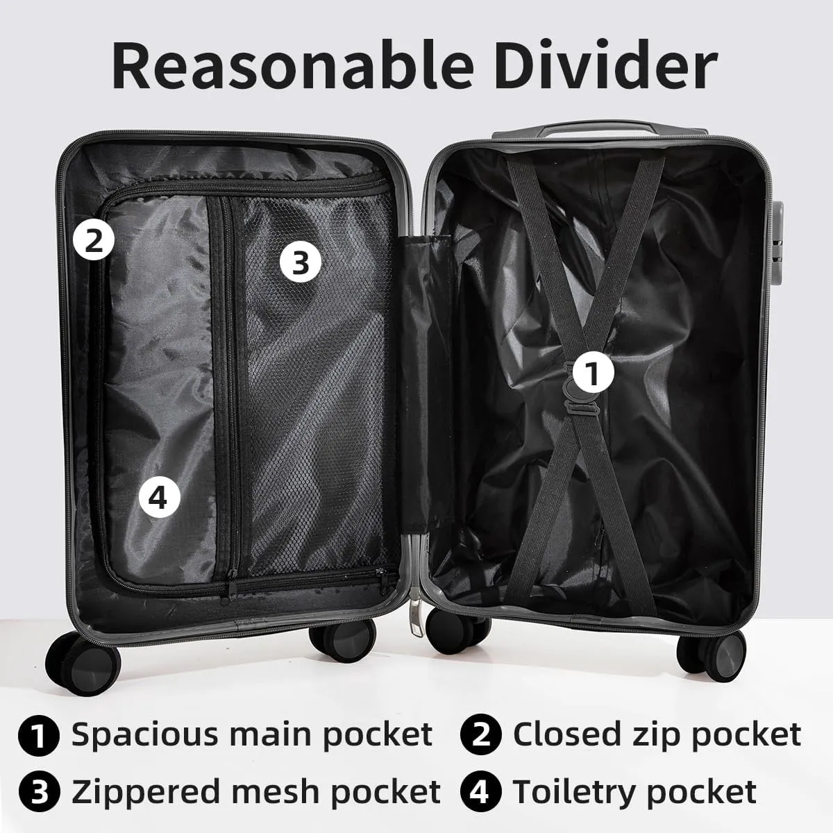 Hardside Luggage Suitcase PC ABS with TSA Lock 4 X Double 360 Universal Spinner Suitcase Carry on Hardshell Lightweight With Elastic Hookblack-28inch