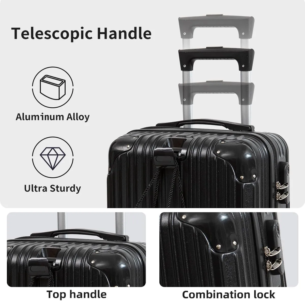 Hardside Luggage Suitcase PC ABS with TSA Lock 4 X Double 360 Universal Spinner Suitcase Carry on Hardshell Lightweight With Elastic Hookblack-28inch