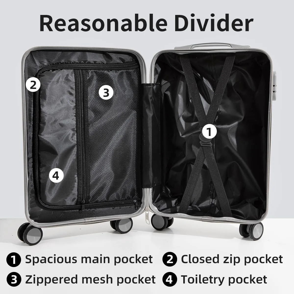 Hardside Luggage Suitcase PC ABS with TSA Lock 4 X Double 360 Universal Spinner Suitcase Carry on Hardshell Lightweight With Elastic Hookgrey-20inch