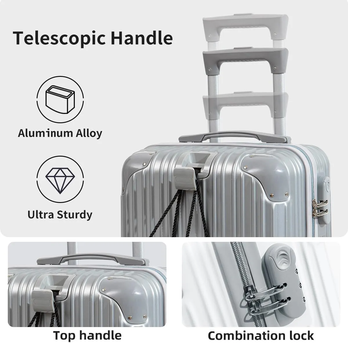 Hardside Luggage Suitcase PC ABS with TSA Lock 4 X Double 360 Universal Spinner Suitcase Carry on Hardshell Lightweight With Elastic Hookgrey-20inch