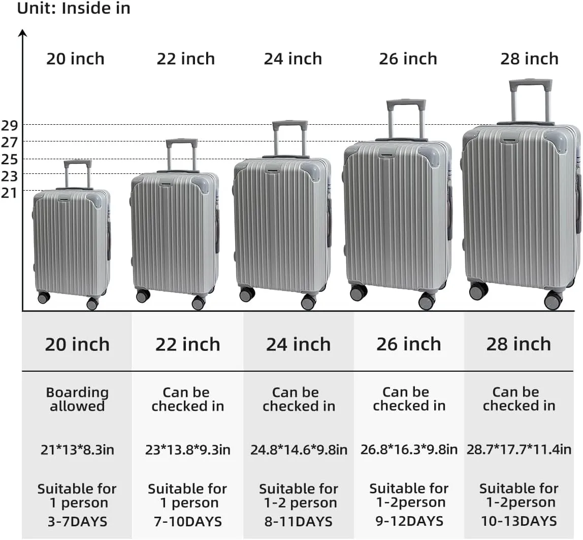 Hardside Luggage Suitcase PC ABS with TSA Lock 4 X Double 360 Universal Spinner Suitcase Carry on Hardshell Lightweight With Elastic Hookgrey-20inch