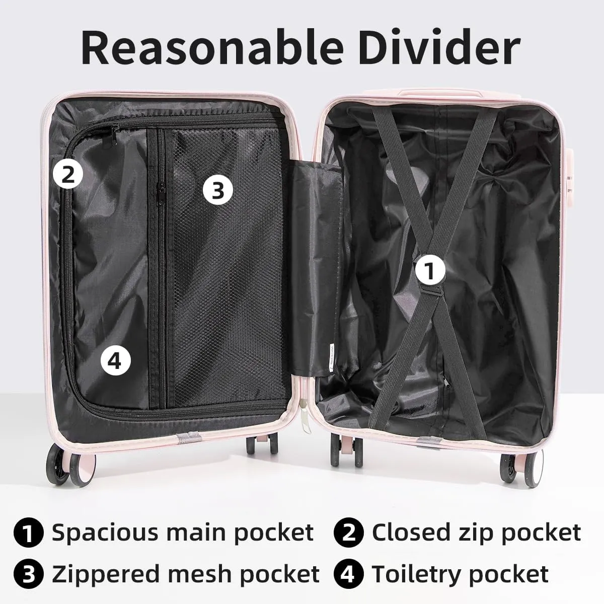 Hardside Luggage Suitcase PC ABS with TSA Lock 4 X Double 360Universal Spinner Suitcase Carry on Hardshell LightweightPink-24inch