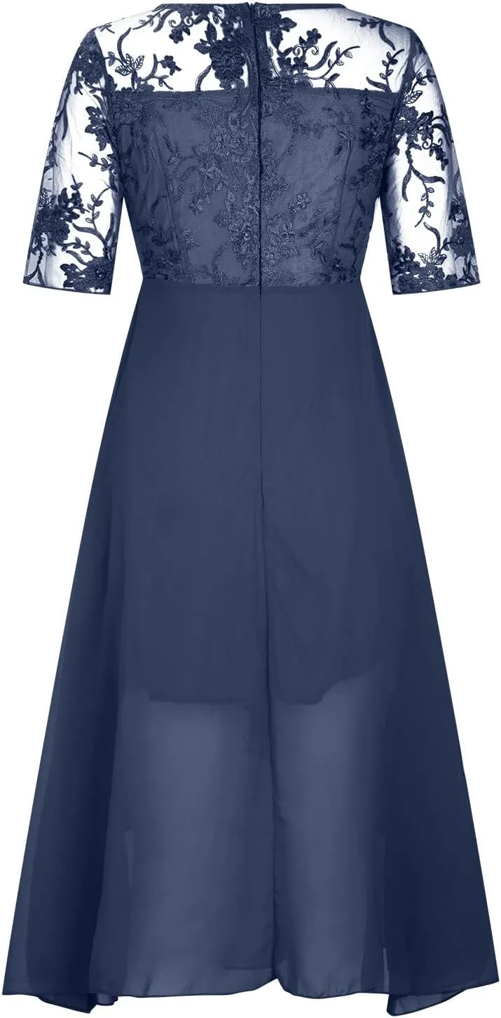 HGps8w Wedding Guests Dresses for Women Half Sleeve Elegant Lace Chiffon Flowy Dress Formal Evening Party Prom Gown